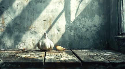 Sunlit rustic scene whole garlic bulb and clove rest on weathered wooden surface against a textured wall with dramatic light and shadow
