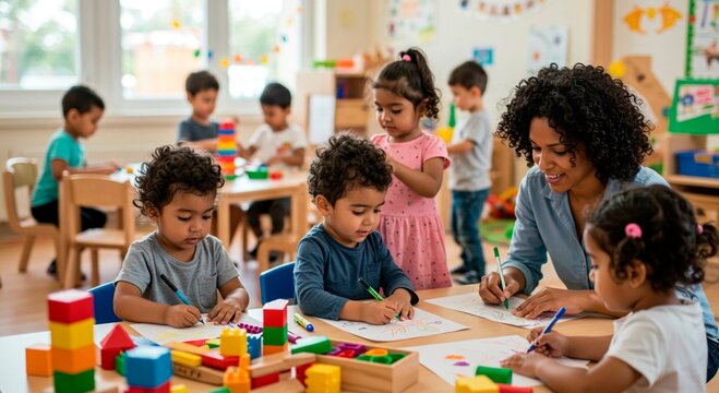 Teacher assisting young children with drawing and playing with blocks in a bright classroom setting