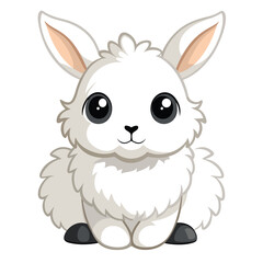 A fluffy, white baby rabbit with big, dark eyes sits attentively  a white background