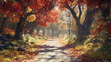 Autumnal Path Through a Forest of Red and Gold Trees