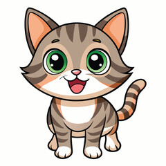 A happy tabby kitten with wide eyes and its tongue slightly out looks directly at the viewer  a white background