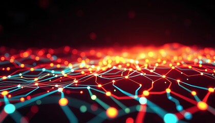 Abstract glowing circuit board nodes and lines forming a digital network,  code,  connection