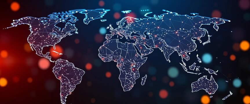 Abstract global network of interconnected nodes forming a stylized world map, representing digital financial transactions, investment, illustration