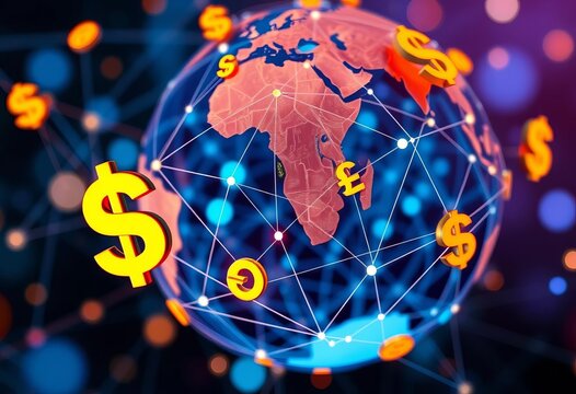 Abstract globe with interconnected lines and currency symbols representing global money transfer,  dollar,  international payment - Powered by Adobe