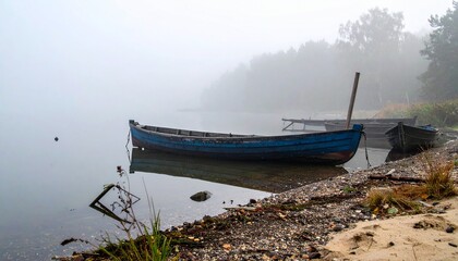 old fishing boat. Old Wooden Boats on a Misty Shore