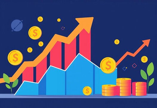 Abstract flat style illustration of financial turnover concept with upward trending graphs, coins, and currency symbols,  financial concept,  report
