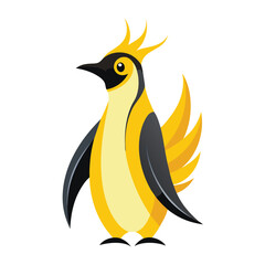 A king penguin with vibrant yellow plumage stands with its wings slightly outstretched, looking upwards a white background