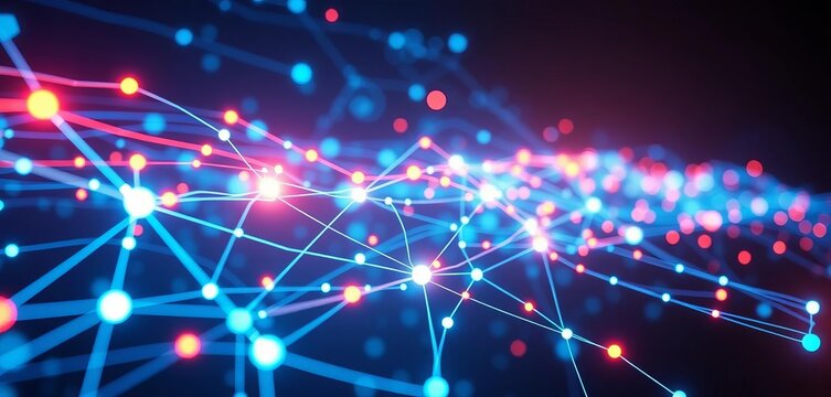 Abstract digital network with glowing nodes and lines, data streams, cybersecurity elements,  graphic,  design