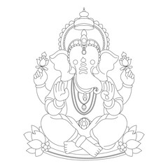 Black and white lineart illustration of Ganesha in flat or lowbrow style. Ideal for spiritual, cultural, and religious themes, yoga visuals, Hindu worship, sacred designs, and meditative content.