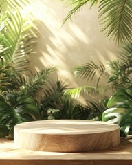 Natural Wood Display Stand Surrounded by Lush Tropical Foliage in Soft Light Ideal for Product Showcase or Photography Background