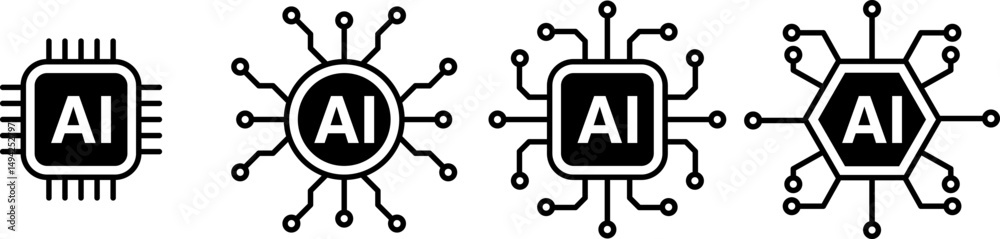 Poster ai processor icon collection for websites and mobile. processor with artificial intelligence ai