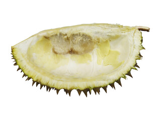 Fototapeta premium Empty Half of a Durian Shell with Spiky Outer Skin and Residual Yellow Flesh Isolated on White Background