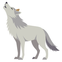 A light-colored wolf stands in profile with its head raised, howling a white background
