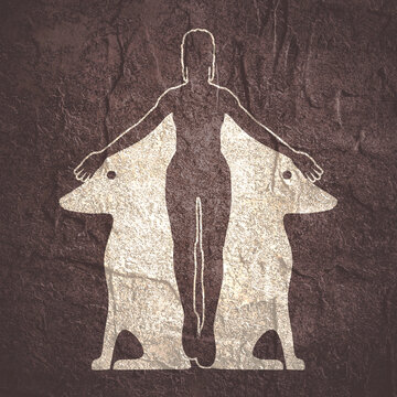 Fototapeta Optical illusion with beautiful young woman and two dogs silhouettes