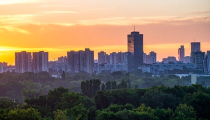 Obraz premium Sunrise City Skyline with Highrise Buildings and Trees