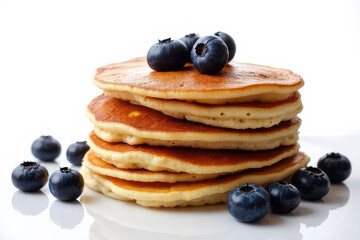 Delicious Blueberry Pancakes on Wooden Cutting Board: Clean Food Photography with Natural Light