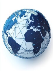 A 3D rendered globe, dark blue landmasses, light blue network connecting points across continents