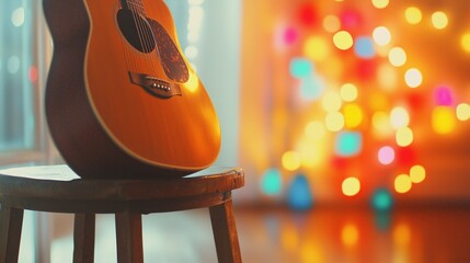 Obraz premium Acoustic guitar by a wooden stool with lantern lights, evoking a cozy musical vibe