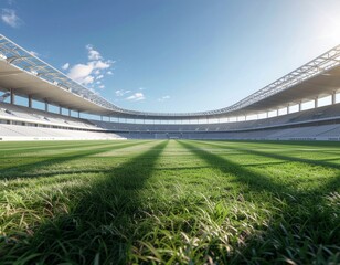 Fototapeta premium Modern Empty Football Stadium With Grass Field And Blue Sky