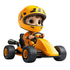 Cartoon racer in yellow go kart helmet driving fast race car for kids racing game illustration art 3d
