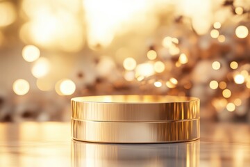 Elegant gold podium with soft bokeh background for product display, promotional photography, and luxury branding in warm tones with seasonal elements