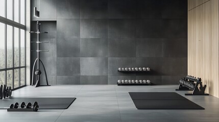 Modern minimalist gym interior with fitness equipment and panoramic views, a fitness sanctuary for wellness enthusiasts and health conscious individuals