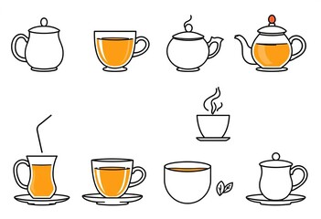 A collection of outlined tea-related vector icons, perfect for web design; isolated on white,  design element,  hot
