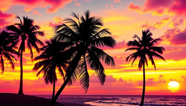 Vibrant, abstract tropical beach; sunset hues, palm silhouettes, AI-generated texture, island,  wallpaper