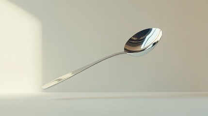 A polished silver spoon floats in mid-air against a muted beige backdrop