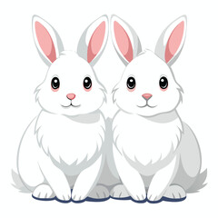 Two fluffy white rabbits sit side-by-side   a white background
