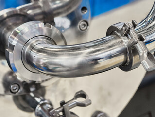 Obraz premium Polished metal tubing shines under bright workshop lights during industrial assembly