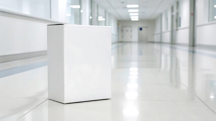 Blank White Box in Hospital Corridor Medical Packaging Mockup