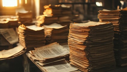 Sunlit Stacks of Old Papers.