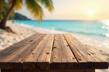 Fototapeta premium Rustic long wooden table, blurred beach background, table, background