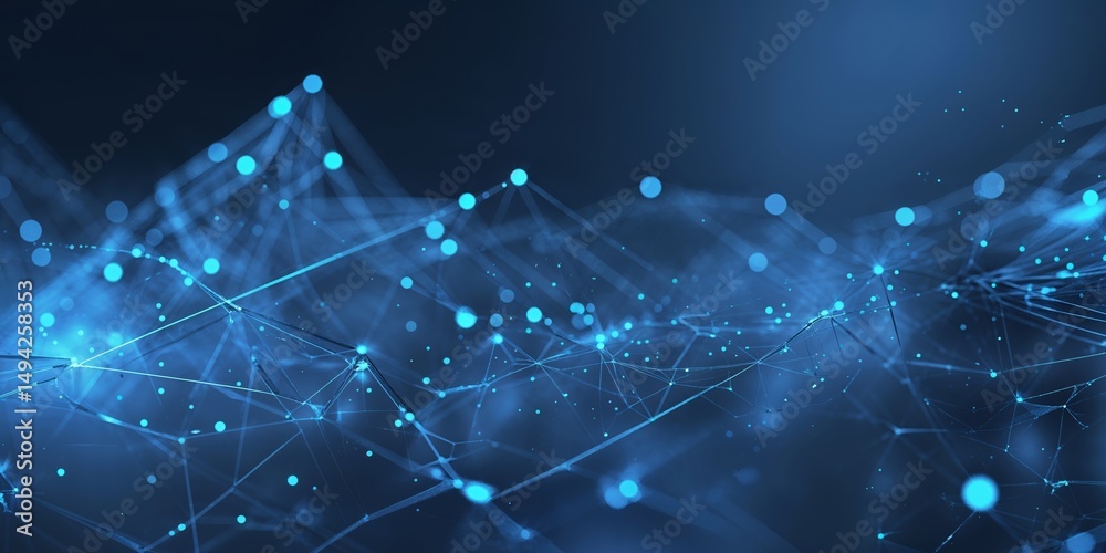 Poster Abstract network of interconnected blue dots and lines representing digital data flow and technology concepts in a futuristic setting