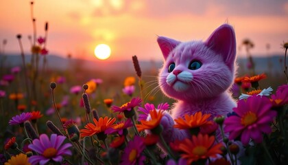 Sunset illuminates a pink plush cat amidst vibrant wildflowers, vibrant, plush toy