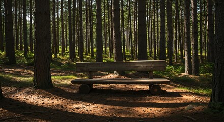 Wooden Bench in Forest Sunlight - Tranquil Nature Scene