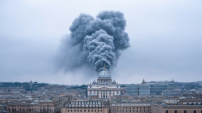 Large plume of smoke over a significant religious structure.