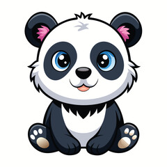 A fluffy baby panda with black and white fur sits and looks forward with a sweet expression a white background