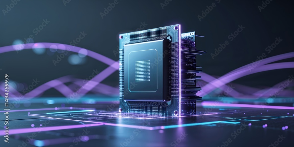 Poster advanced microchip technology showcasing intricate design and glowing circuits in a high-tech enviro