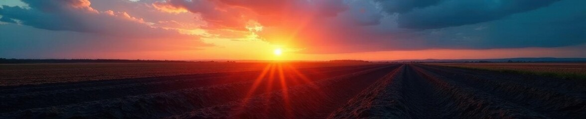 Sunrise over field, blue sky, black soil stripes, countryside, flag, nature photography