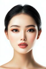 Close-up portrait of a young woman with flawless skin and elegant makeup.