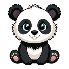 A fluffy baby panda with black and white fur sits and looks forward with a sweet expression a white background