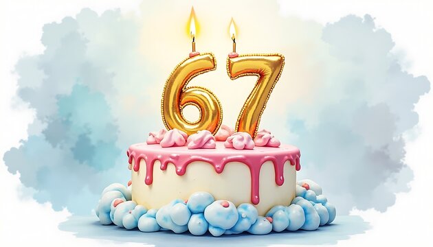Celebrating 67th Birthday Cake with Number Candles and Pink Frosting