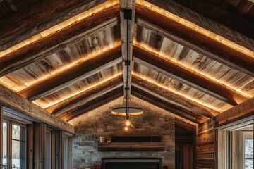 Fototapeta premium cozy wooden ceiling with warm lighting in a rustic atmosphere
