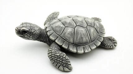 Gray ceramic turtle figurine, detailed shell and limbs, against white background