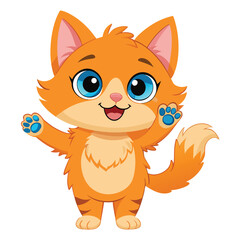 A fluffy orange kitten with wide blue eyes stands on its hind legs with a paw raised and its mouth open a white background