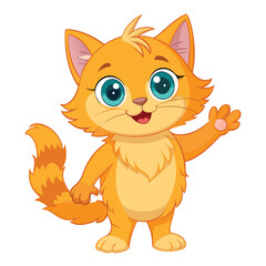 A fluffy orange kitten with wide blue eyes stands on its hind legs with a paw raised and its mouth open a white background