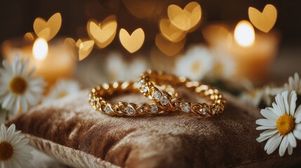Golden friendship bracelets intertwined on velvet with daisies, celebrating bonds and heartfelt connections on International Friendship Day.
