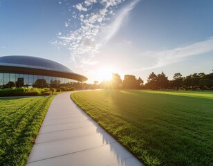 Fototapeta premium Glass Dome Building With Curved Path And Glowing Sunset